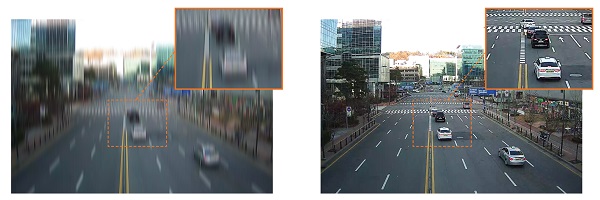 ▲ 일반 영상(왼쪽), 자이로센서 기능이 동작 중인 한화테크윈 와이즈넷 X(오른쪽)의 화질 비교 사진